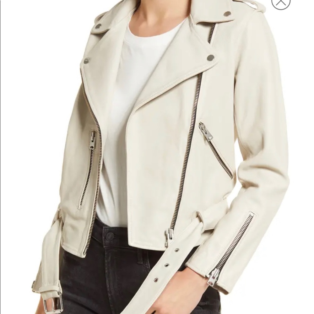 Light pink All Saints Balfern Belted Hem Leather Biker Jacket